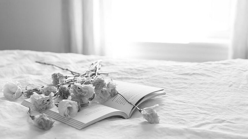 weiße Rosen, leere Seiten Tagebuch auf einem Bett